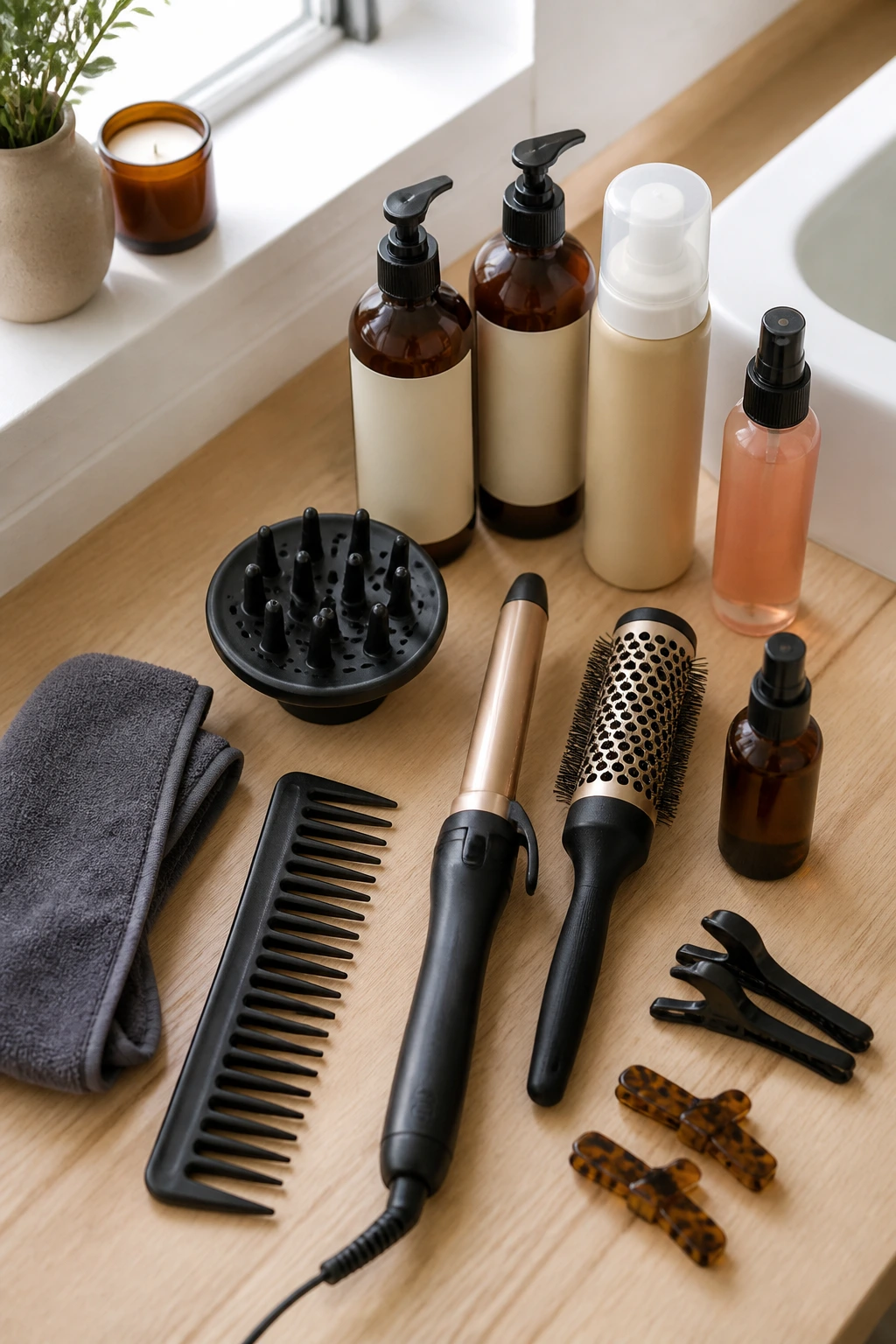 Flat-lay of essential wavy brunette hair tools on a light wood vanity.