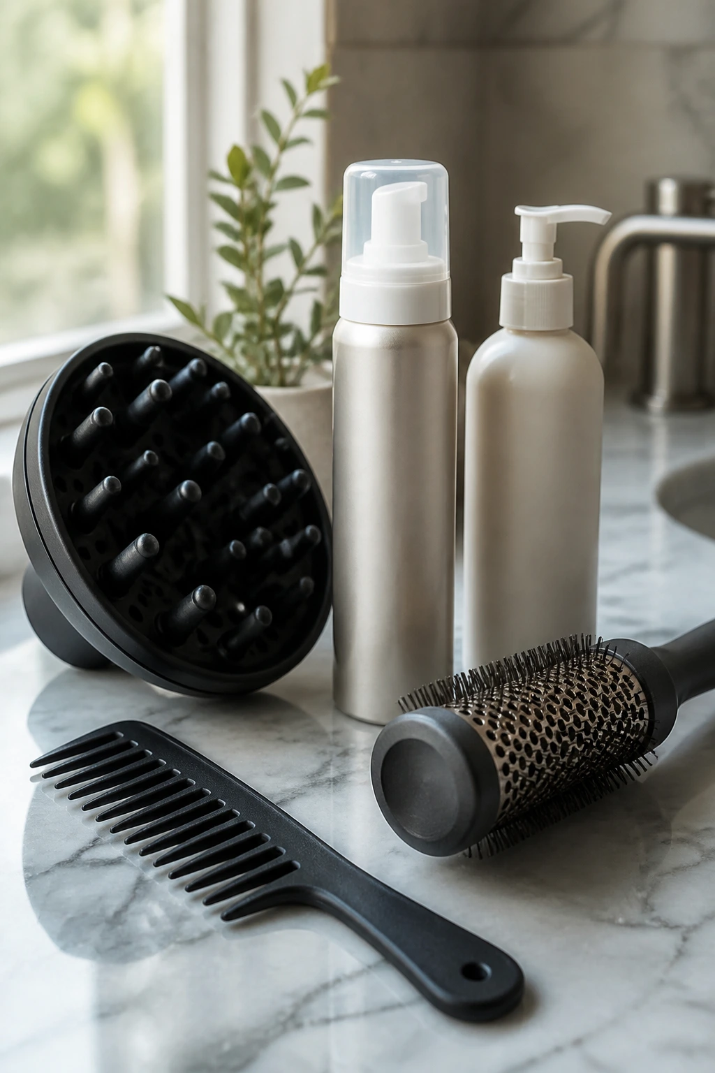 Close-up of hair tools and products on a bathroom counter in natural light