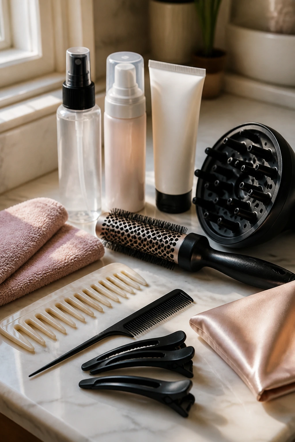 Close-up of hair styling tools arranged on a bathroom counter for layered waves