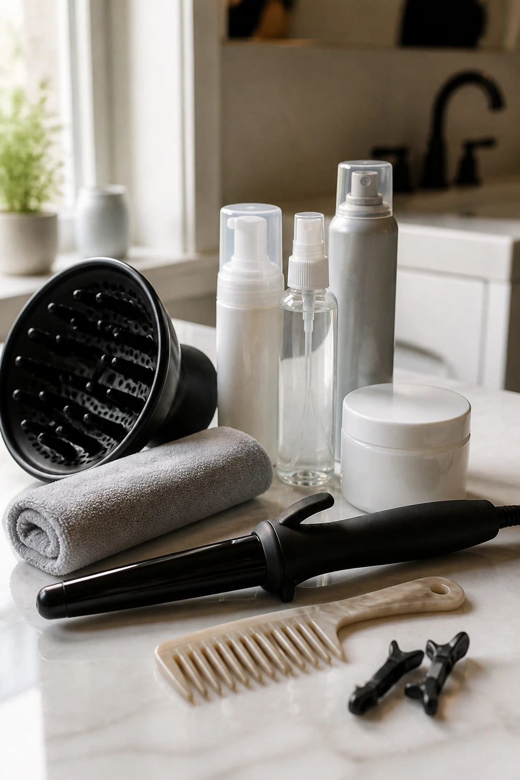 Close-up of unlabeled hair styling tools and products on a bathroom counter for a wavy shag.