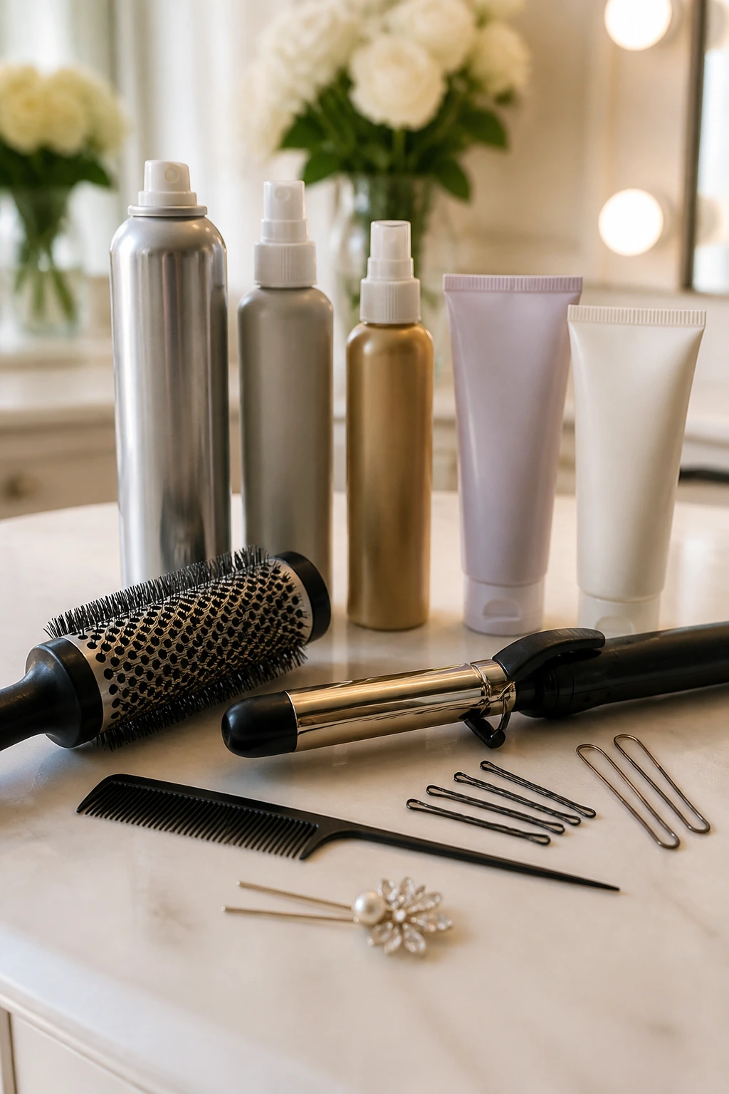 Close-up of wedding hair tools arrayed on a vanity
