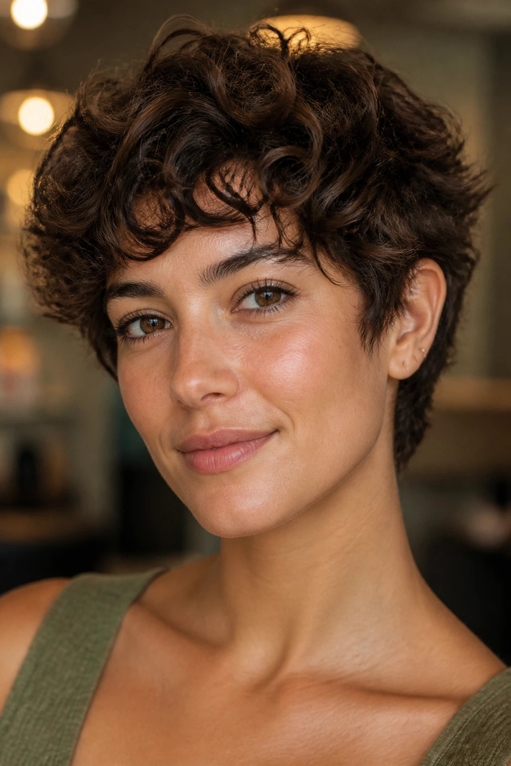 Close-up of curly-haired person with short cut showing adaptation for hair type