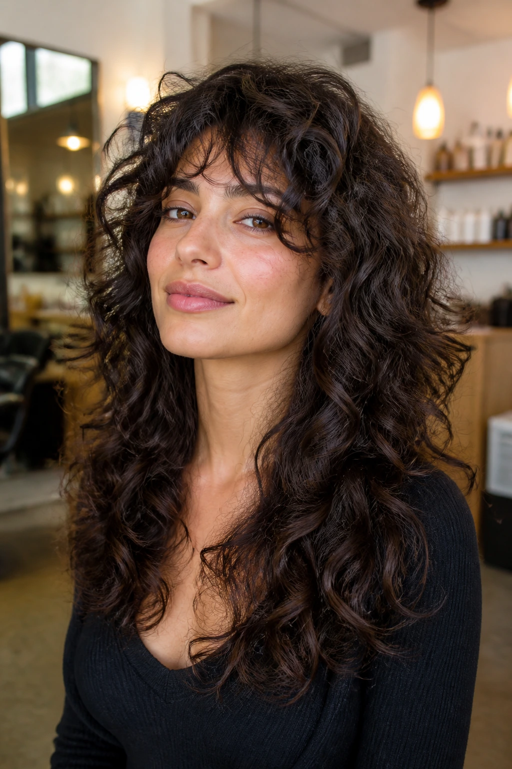 Portrait of a person with feathered layers adapted for curly hair showing movement.