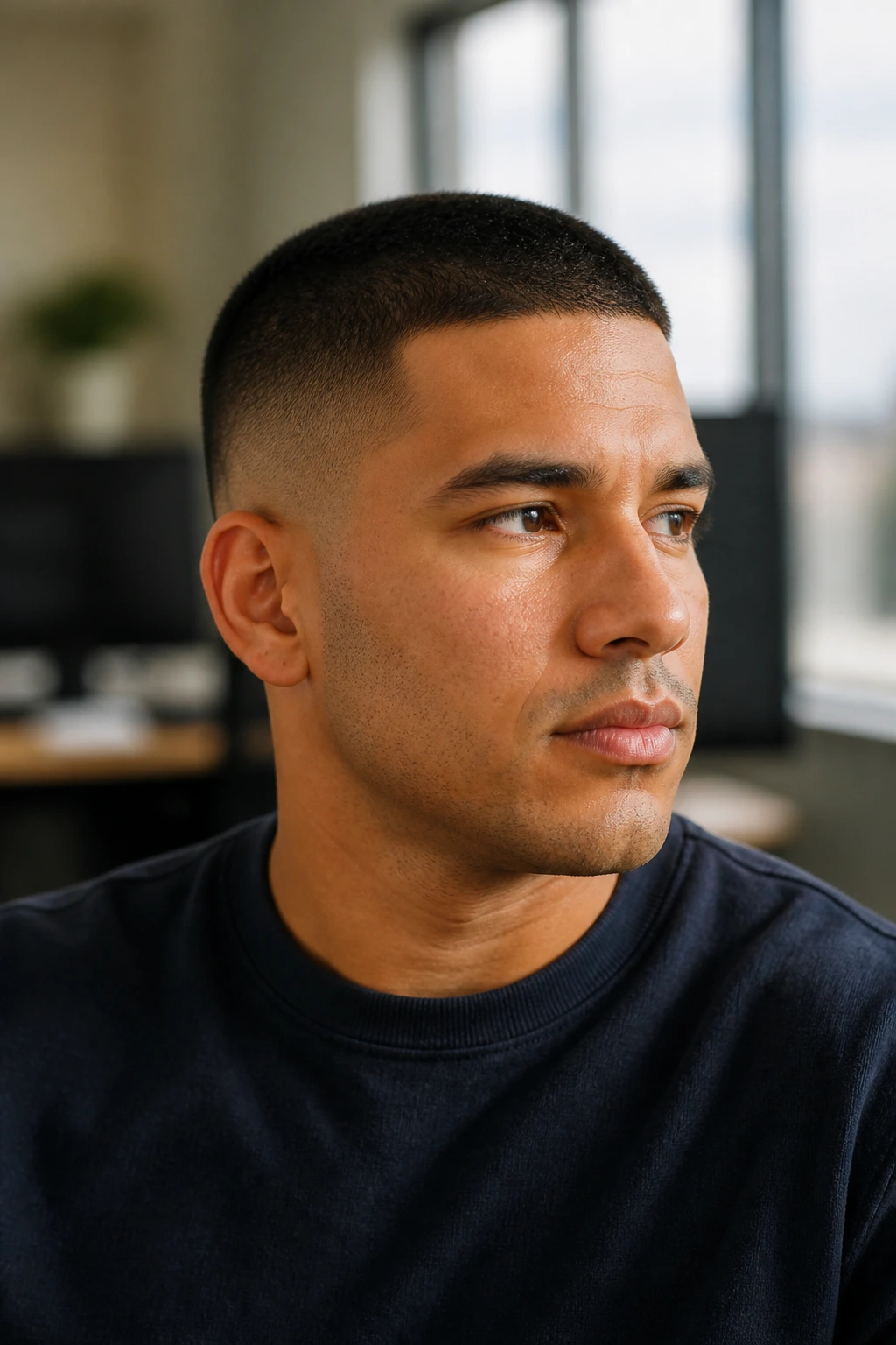 Close-up portrait of a man with a moderate top and low taper in an office-like setting