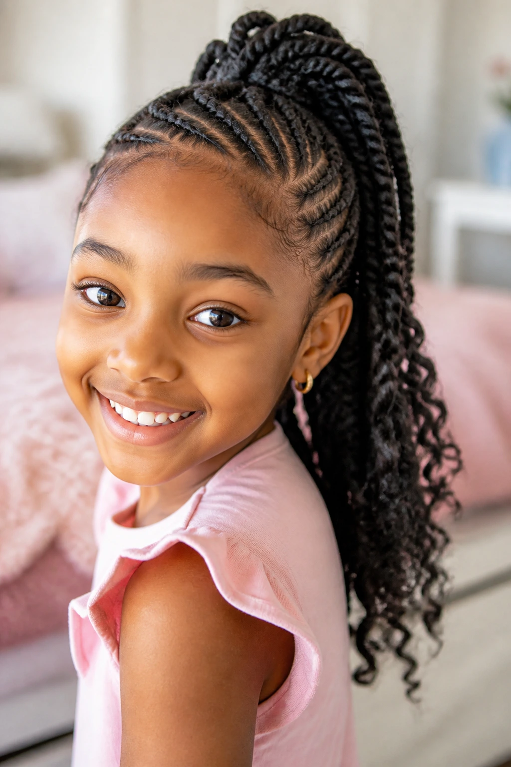 Child with protective braids suited to their hair type, in a home setting.