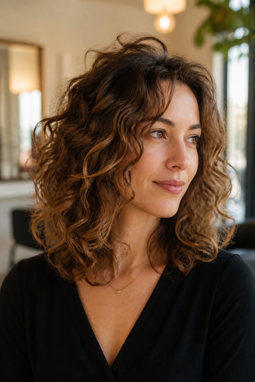 Medium close-up of a real woman with shoulder-length curls showing texture variation