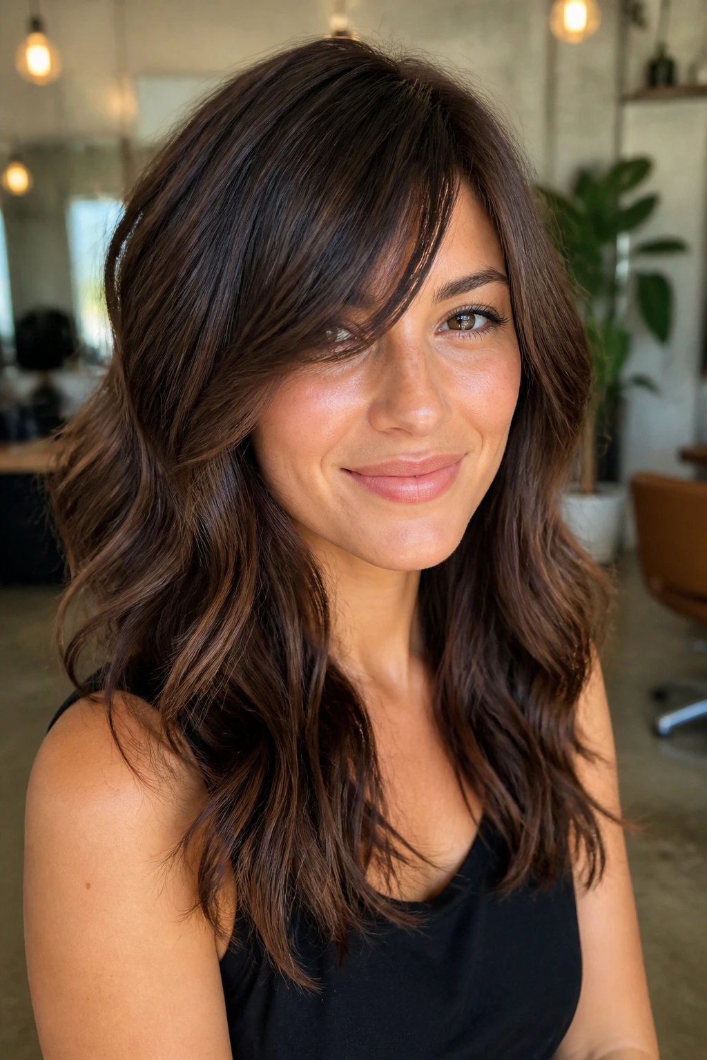 Close-up of a woman with a diagonal fringe adapted to her hair texture