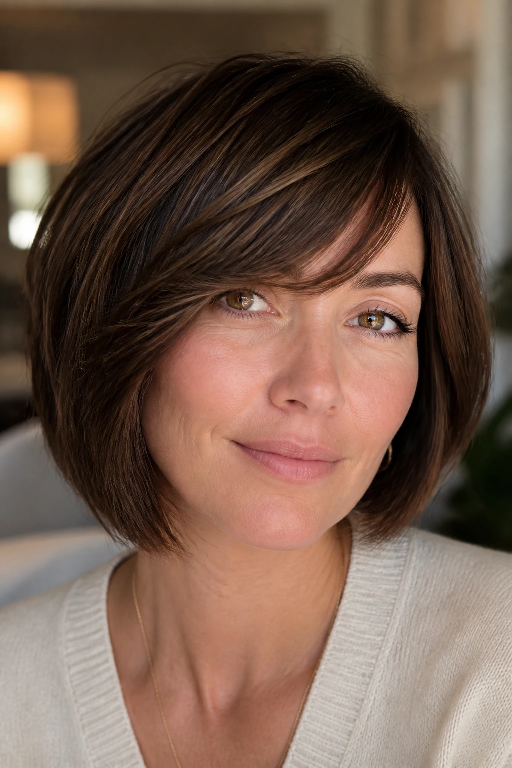 Close-up of a real woman with a tailored side-swept bob for her hair type