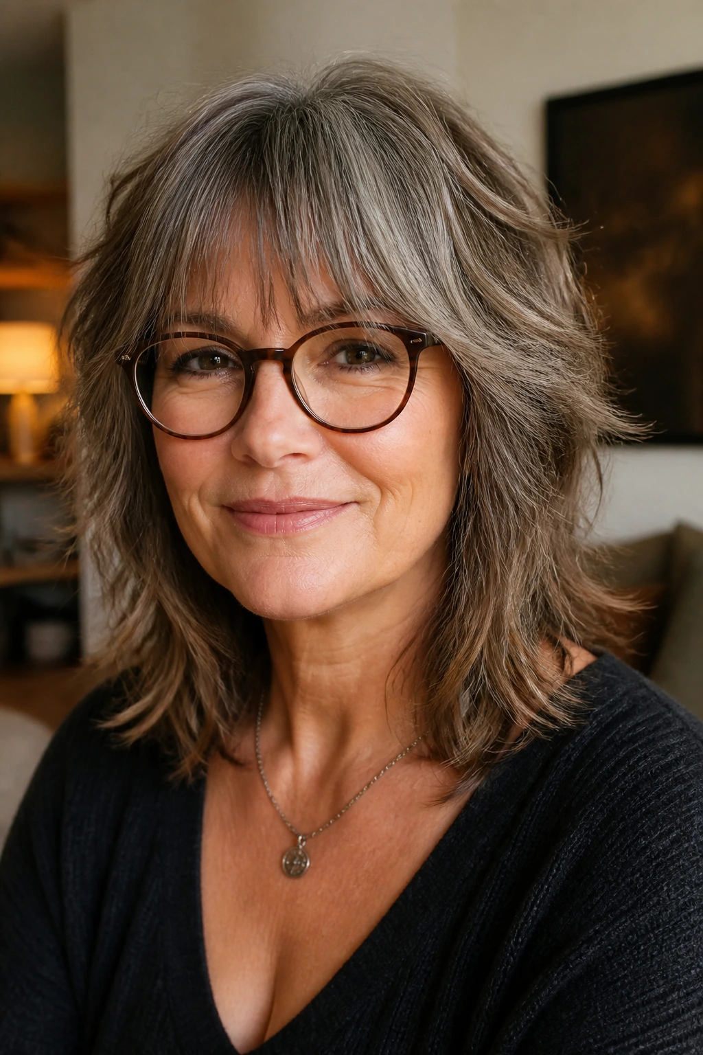 Portrait of a real woman with face-framing fringe and softened layers