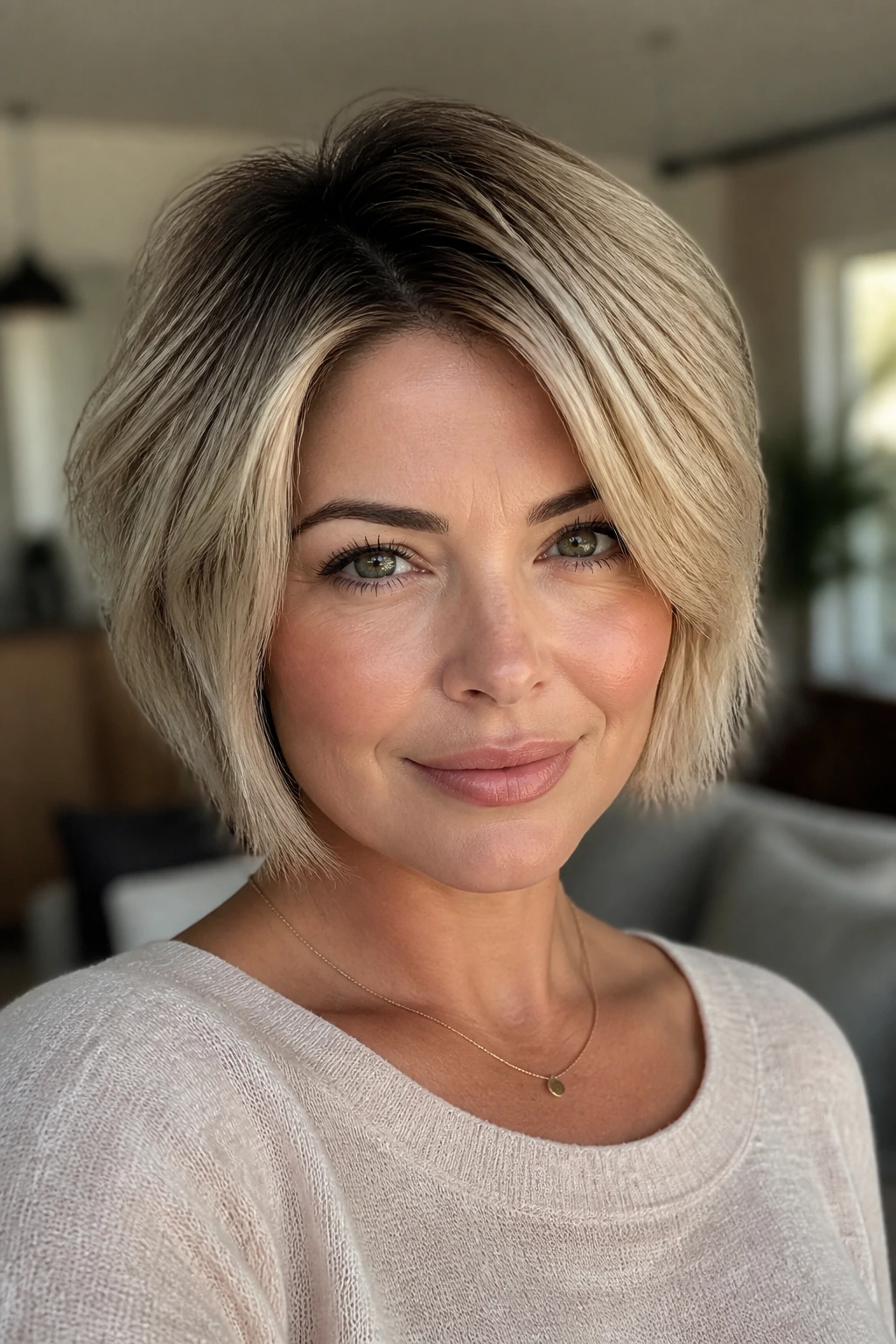 Close-up of a real person with rooted blonde variation for depth.