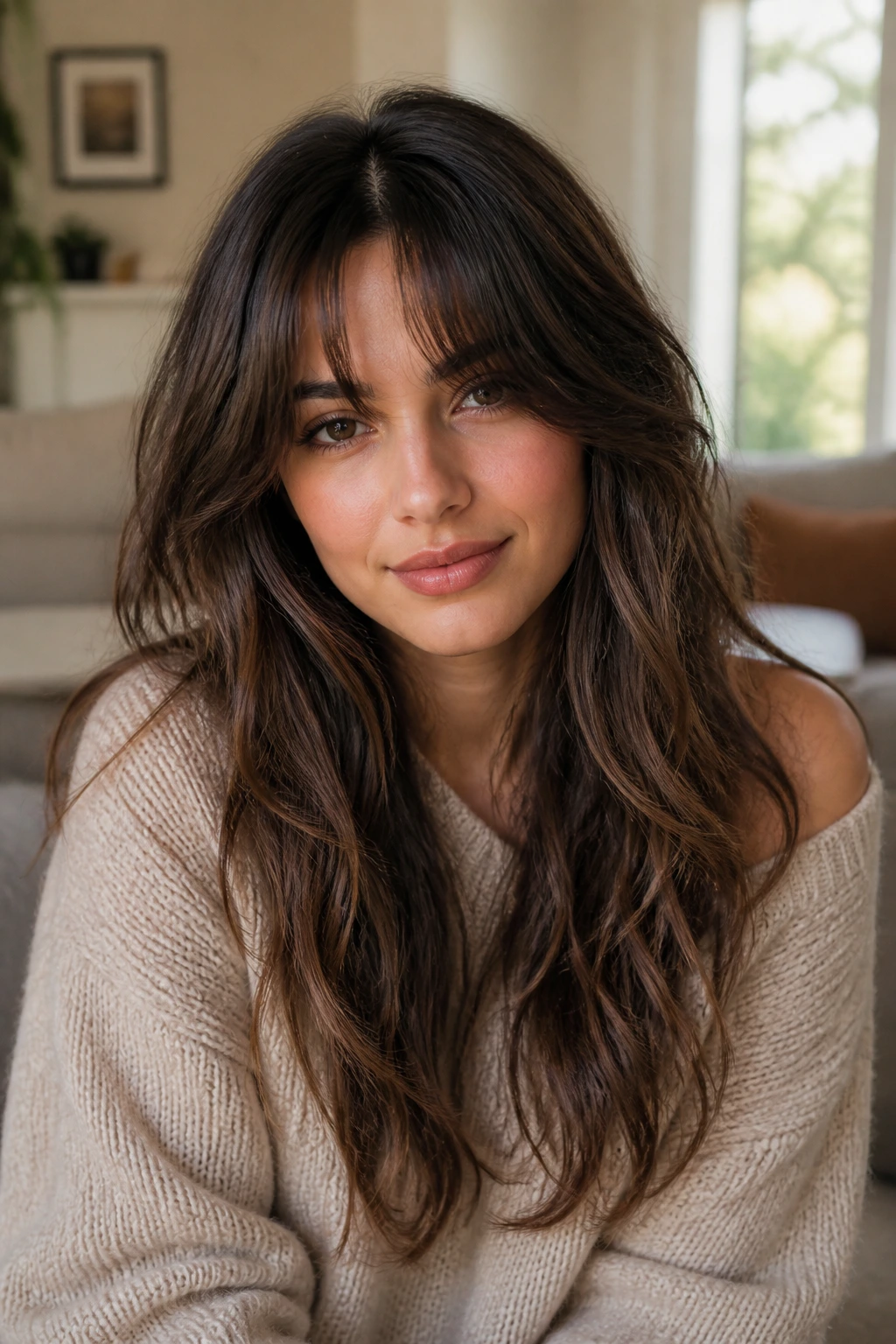 Medium close-up of a real person with long hair showing curtain bangs and soft layers.