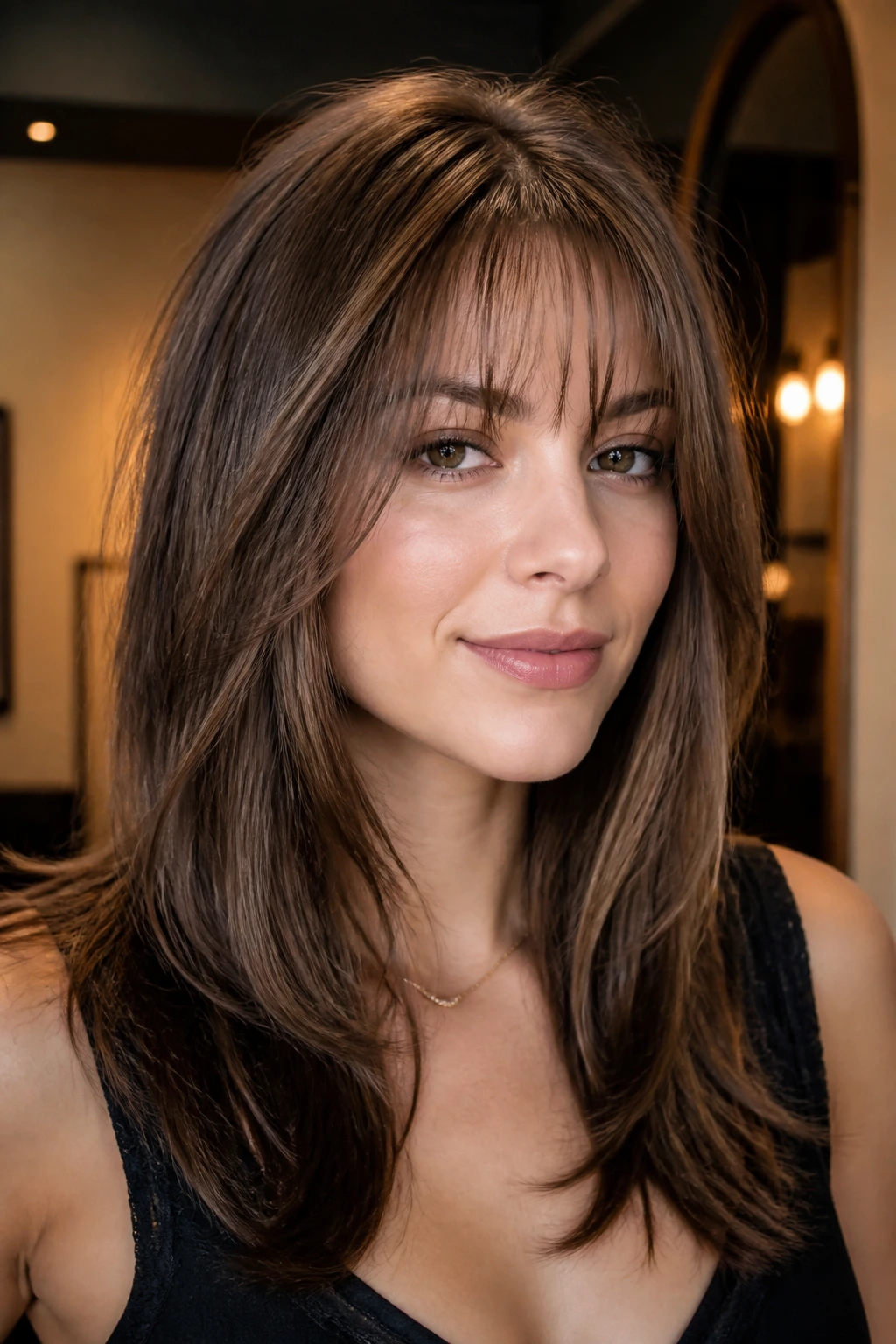 Portrait of a woman with adjustable face-framing layers showing texture Variation