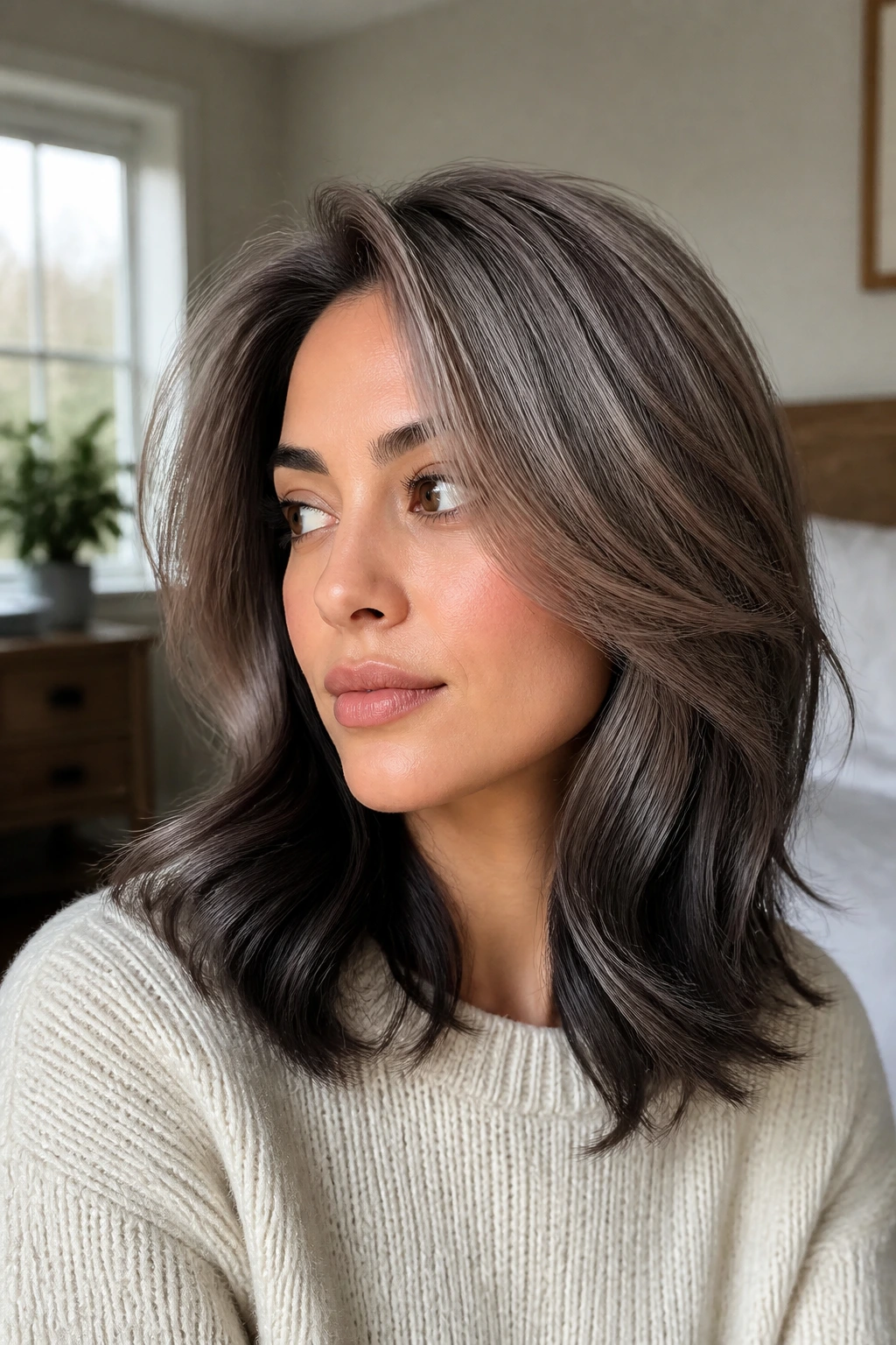 Close-up portrait of a real person with multi-tone brown-to-grey hair variations including ash melt and charcoal ends in soft window light
