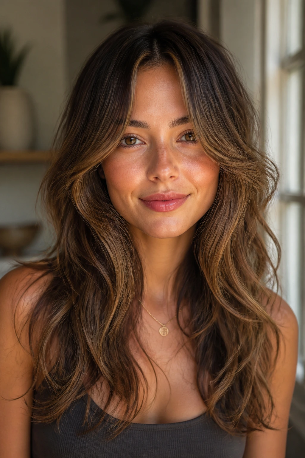 Close-up of a real woman showing variations in face-framing layers