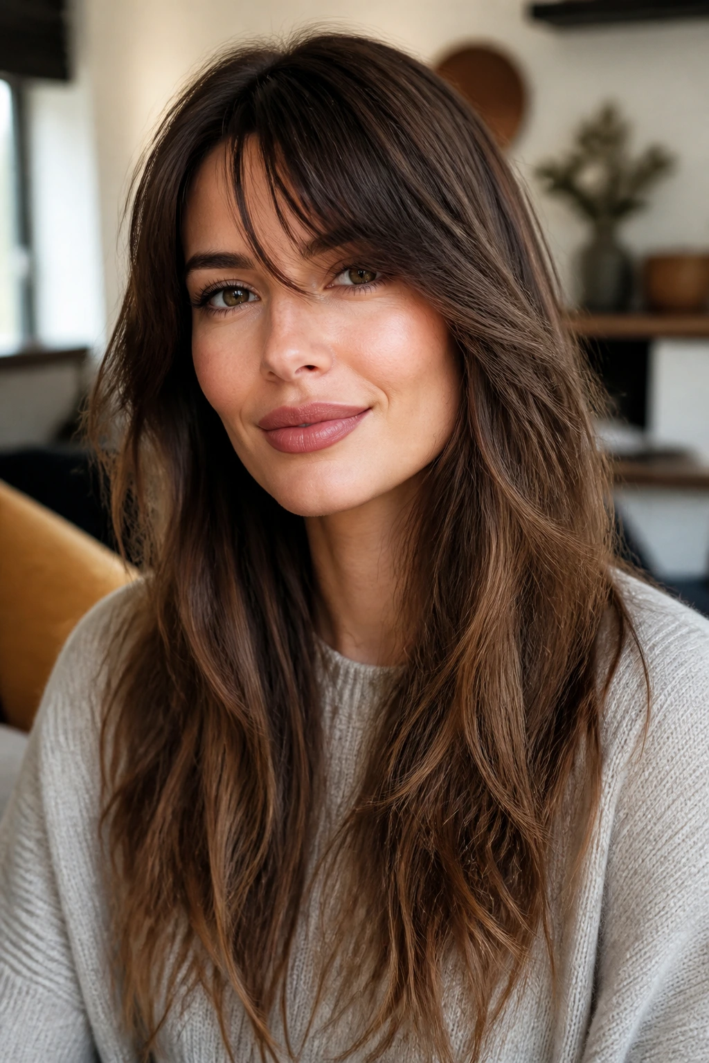Real woman with soft layers and side-swept fringe in a cozy setting.