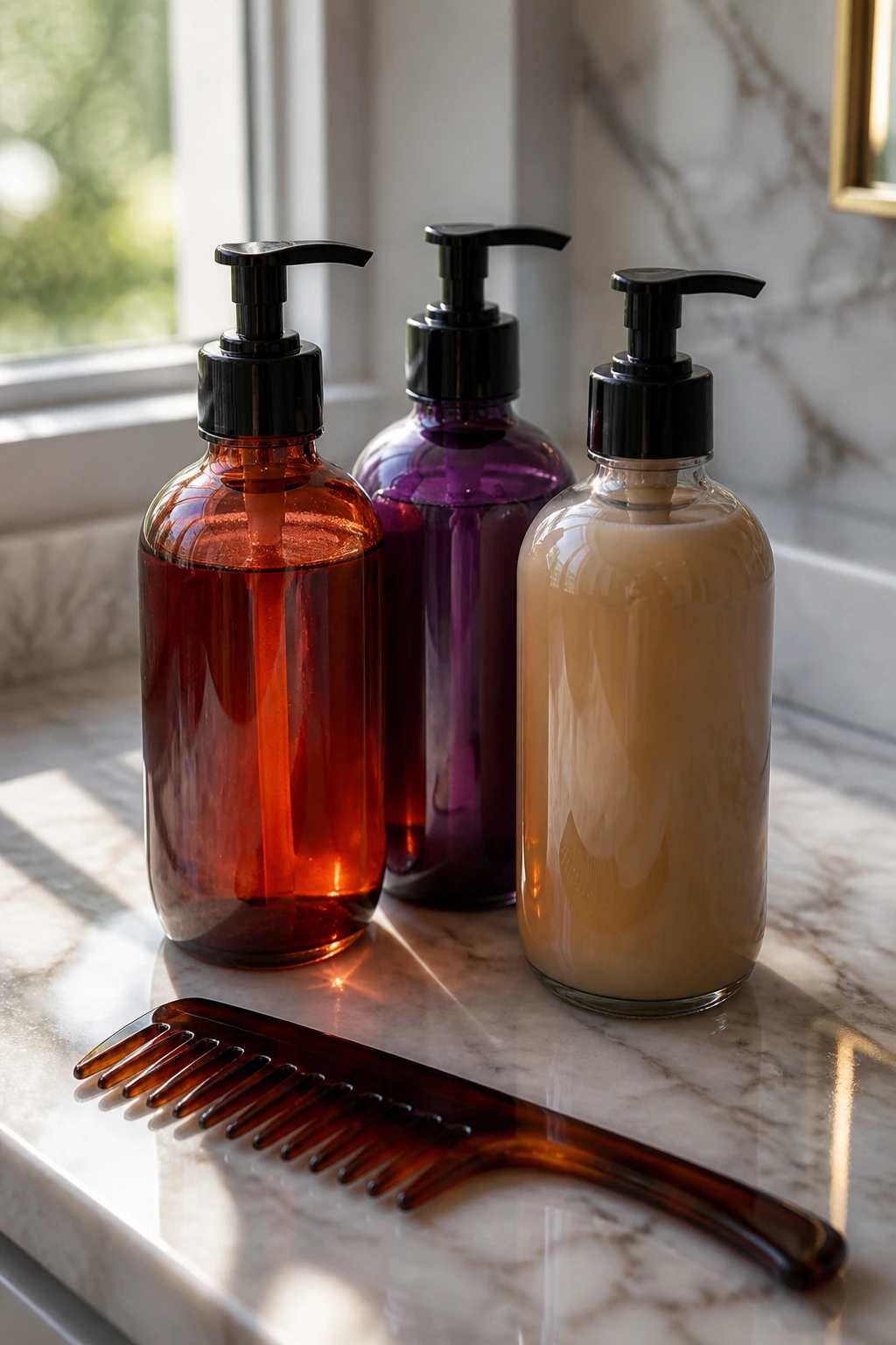 Close-up of unlabeled bottles and a comb on a marble bathroom counter