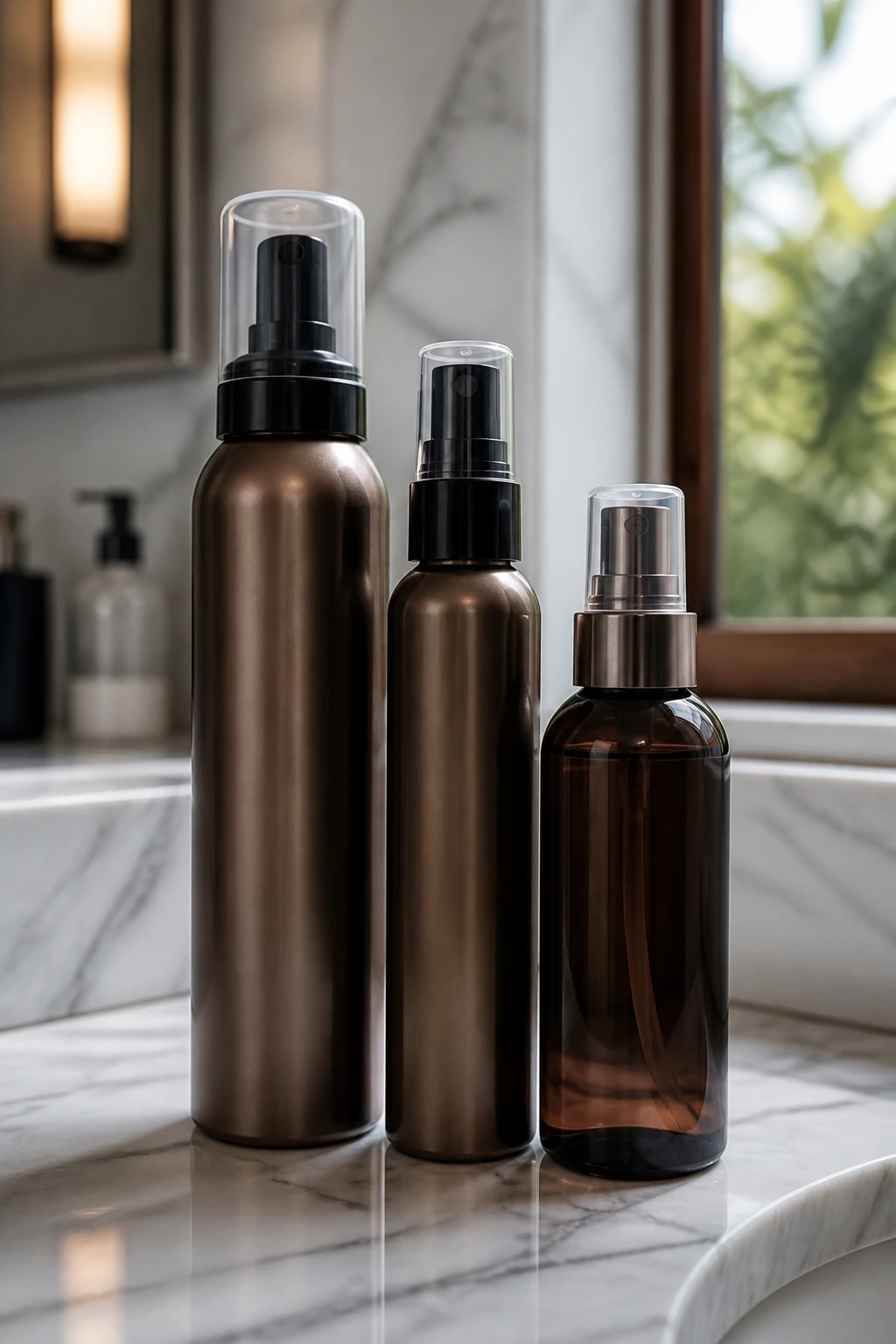 Close-up of unlabeled hair care bottles on a bathroom counter for summer brunette hairstyles