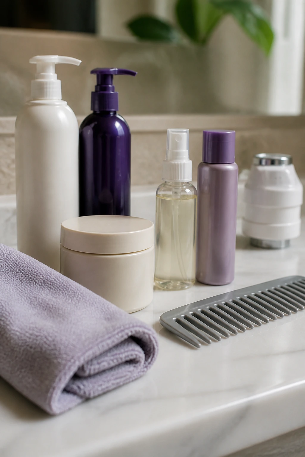 Still life of unlabeled haircare bottles, comb, and microfiber towel on bathroom counter