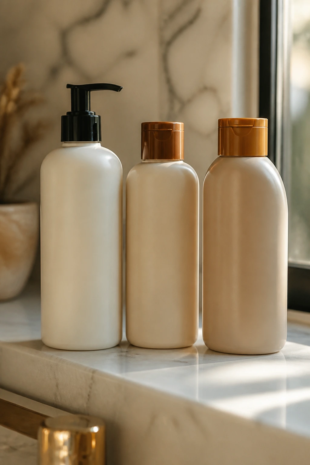Three unlabeled hair-care bottles on a marble bathroom shelf under warm daylight