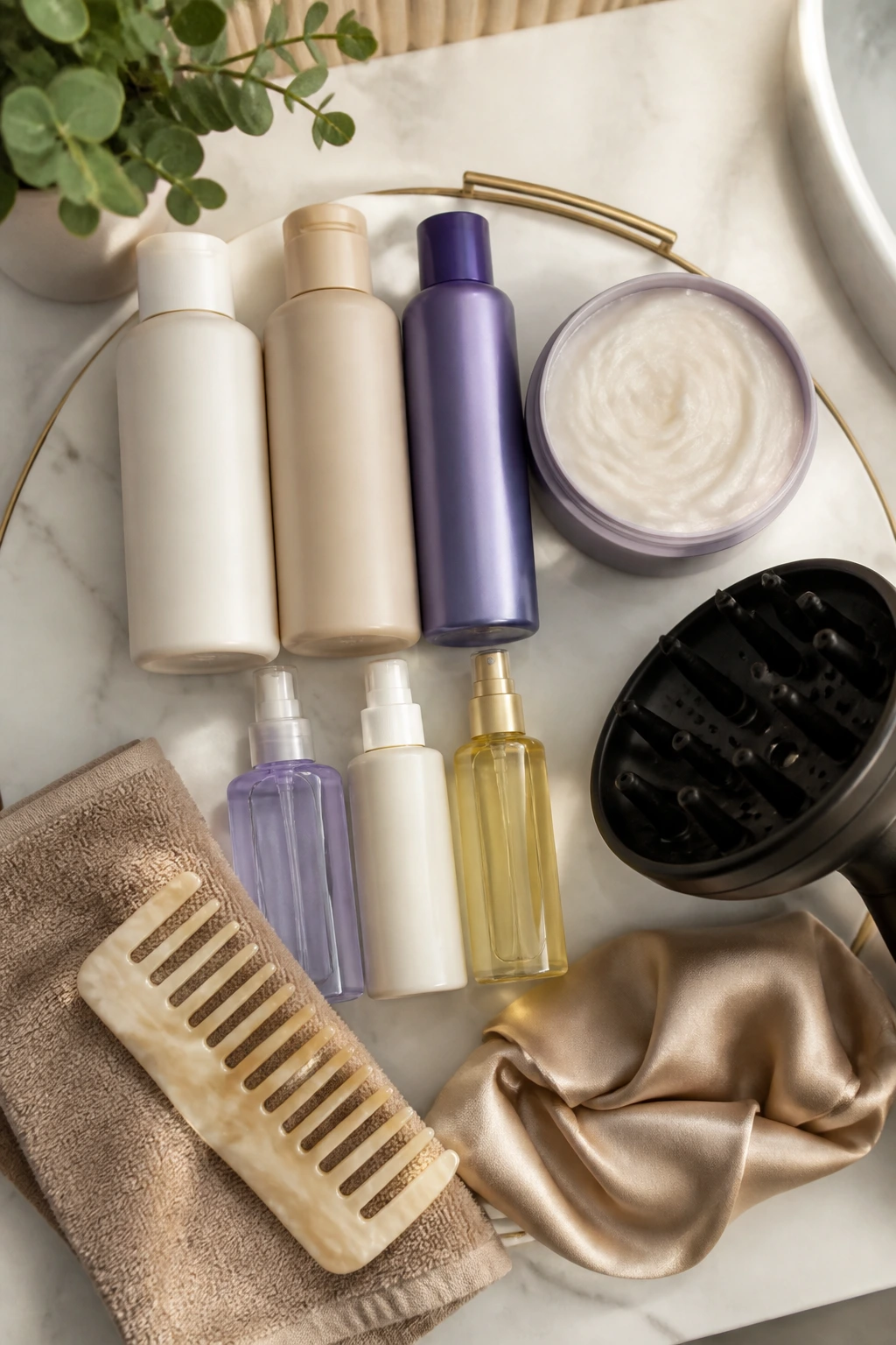 Top-down view of unlabeled hair care products and tools for curly blonde maintenance