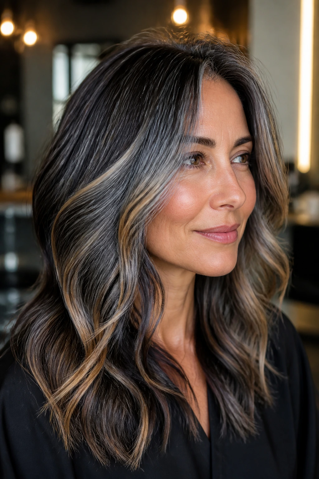 Close-up hair portrait showing variations in grey and caramel for warmth and edge