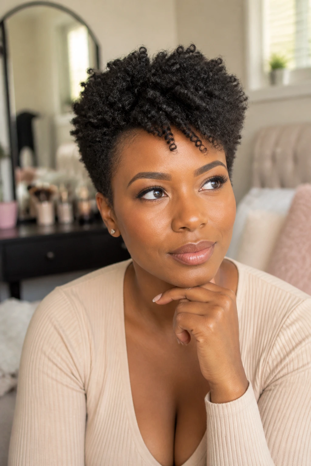 Portrait of a woman considering hairstyle options for her face and routine