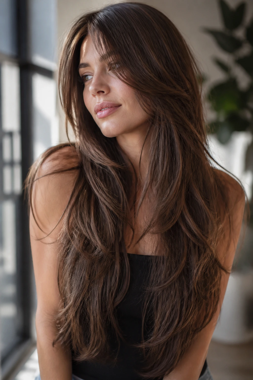 Close-up portrait of a woman with long layered cool brown hair in a sunlit room
