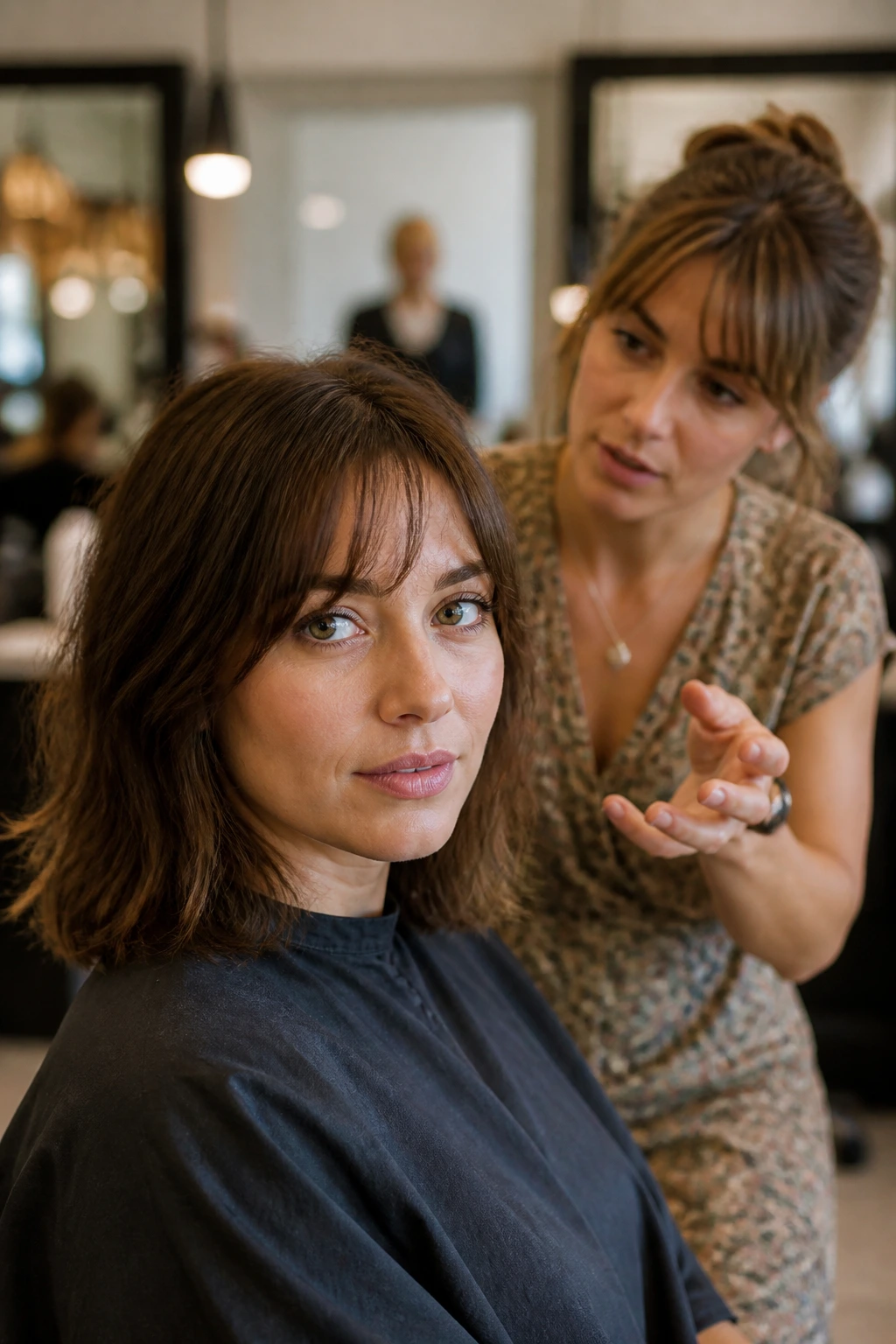 Client in salon chair discussing haircut with stylist in background