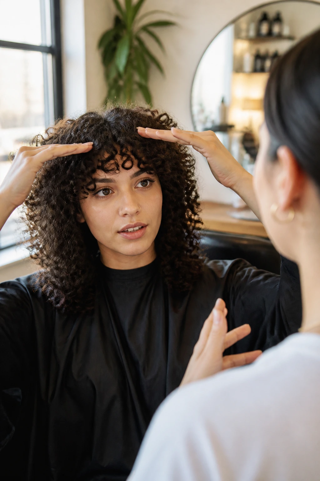 Client discussing haircut shape with stylist in a cozy salon