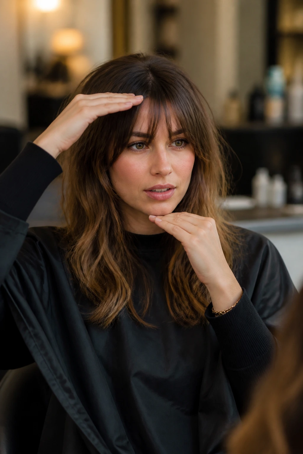 Close-up portrait of a woman in a salon giving precise cut cues with hand gestures