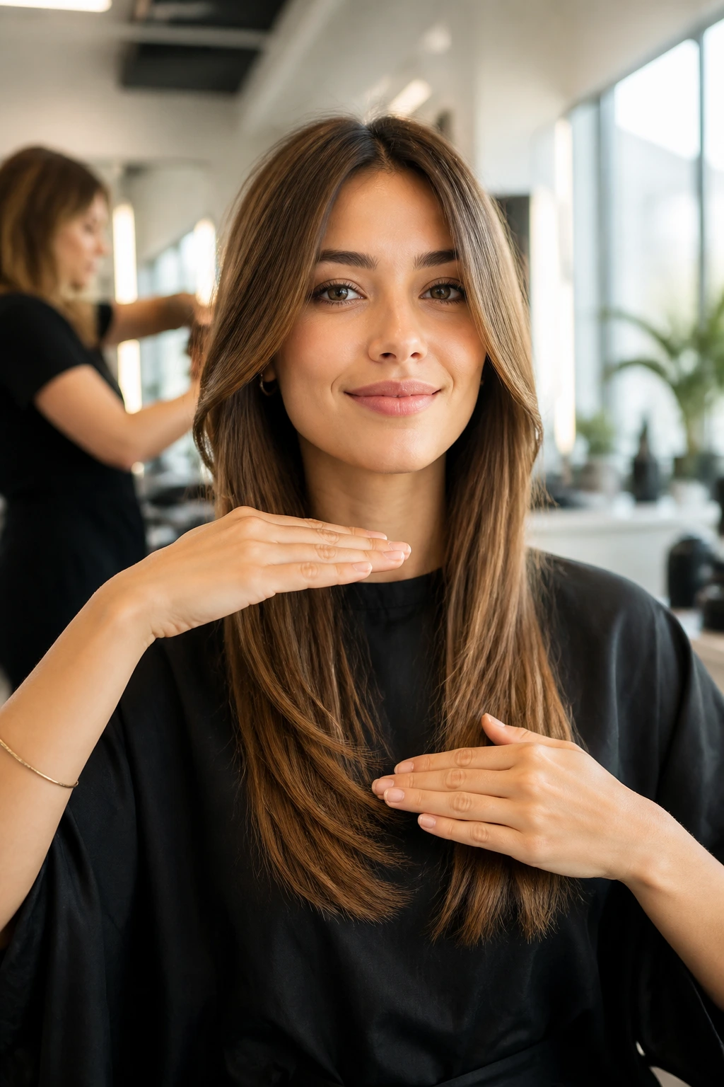 Client in salon chair explaining haircut specifics with hands near hair.