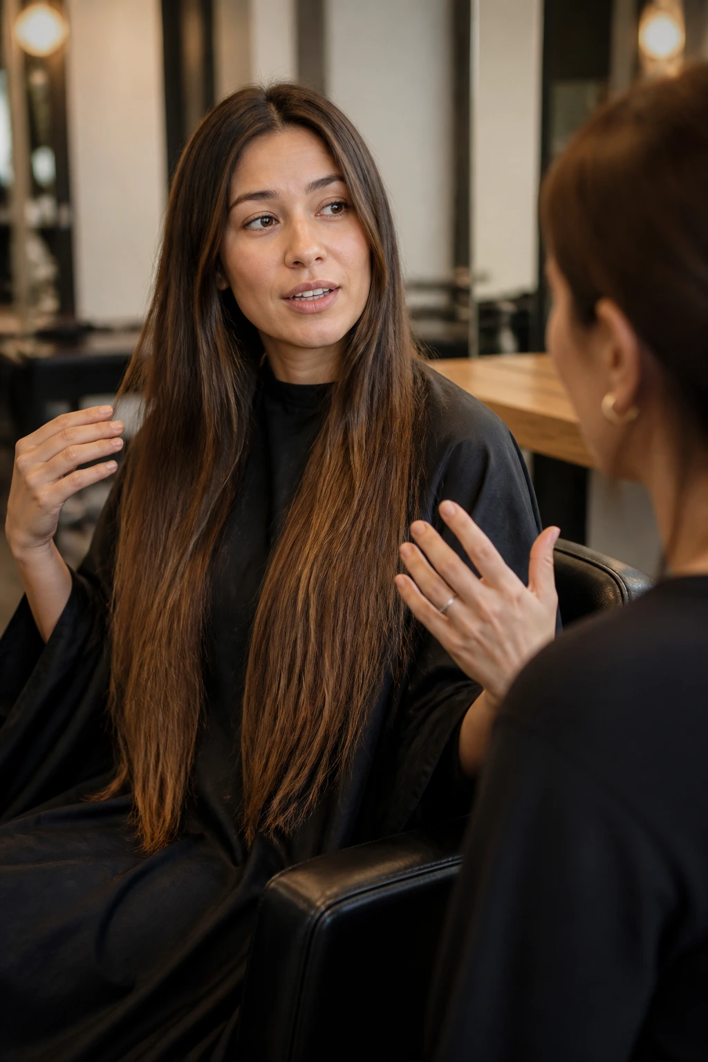 Close-up of a real woman in a salon chair discussing a haircut with a stylist
