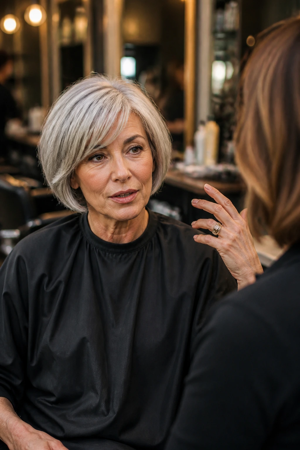 Client consulting with stylist in a salon chair before a haircut