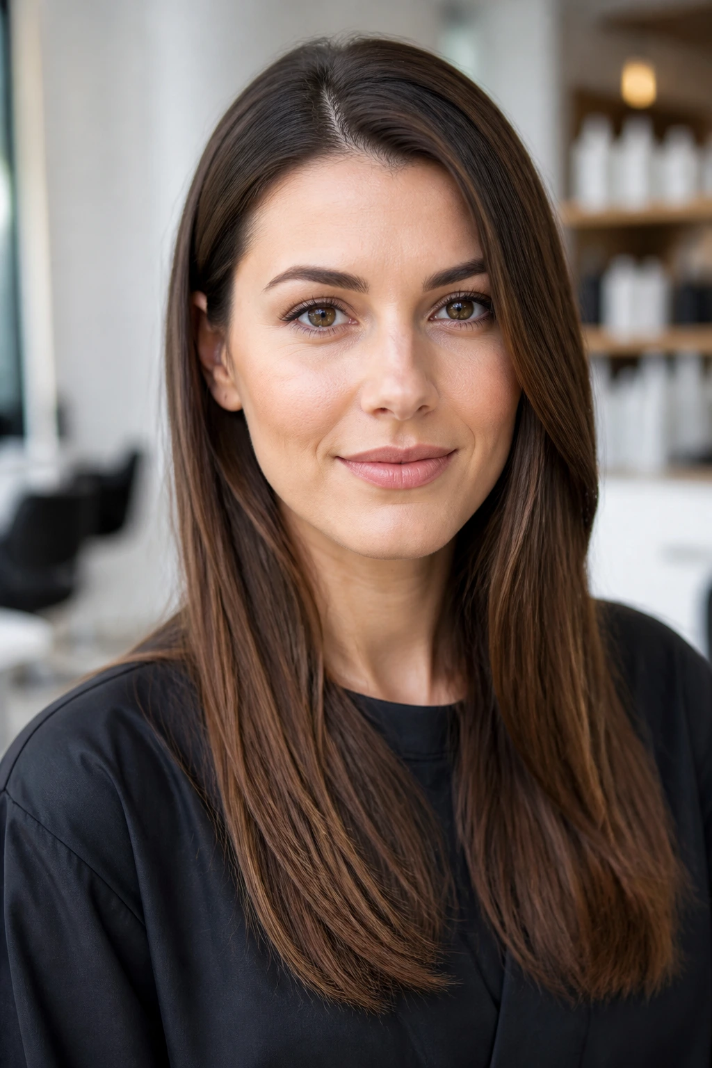 Portrait of a real person with straight hair, prepared for a styling consultation