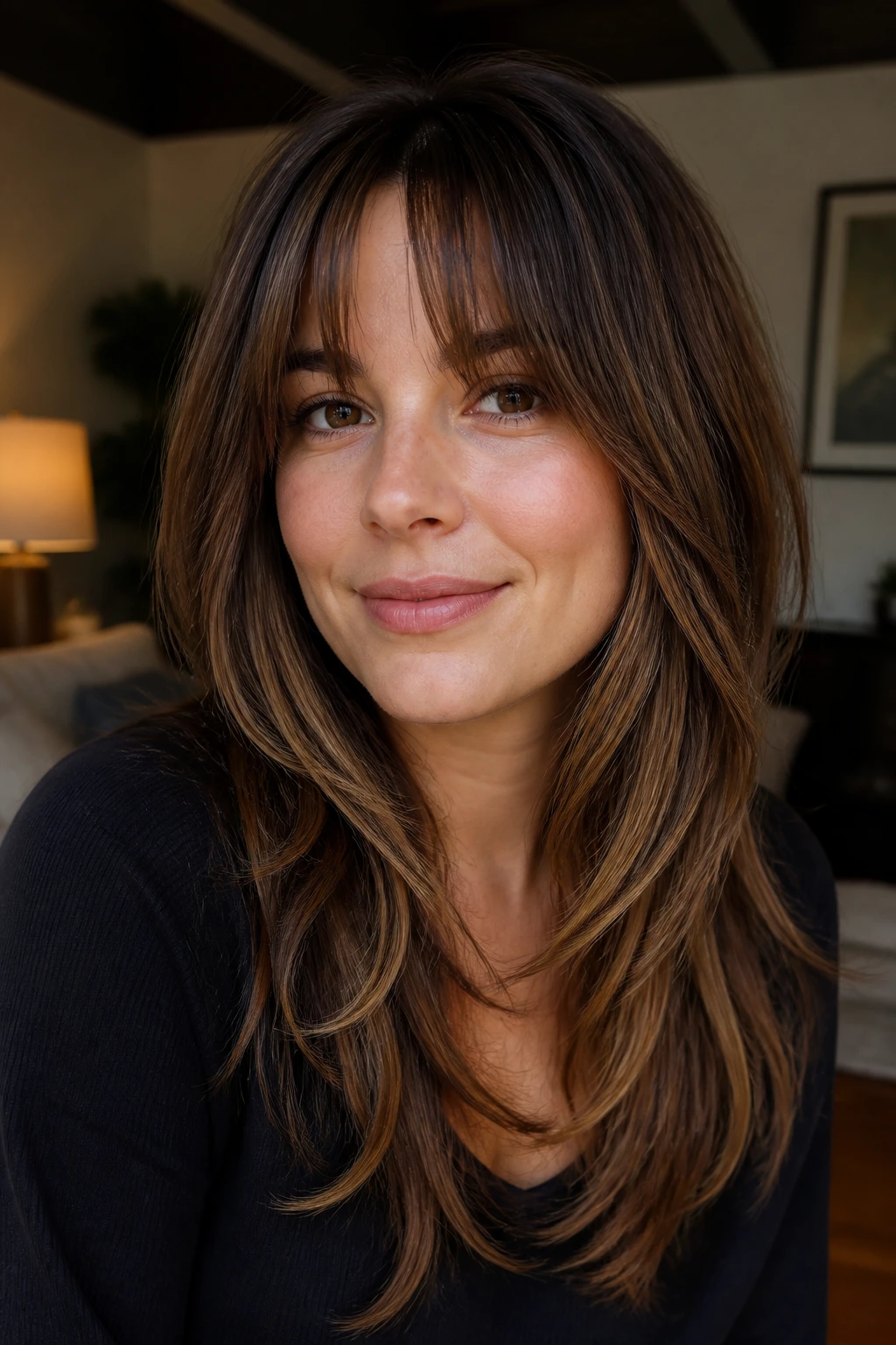 Close-up portrait of a woman with layered haircut emphasizing face-lengthening lines and curtain layers