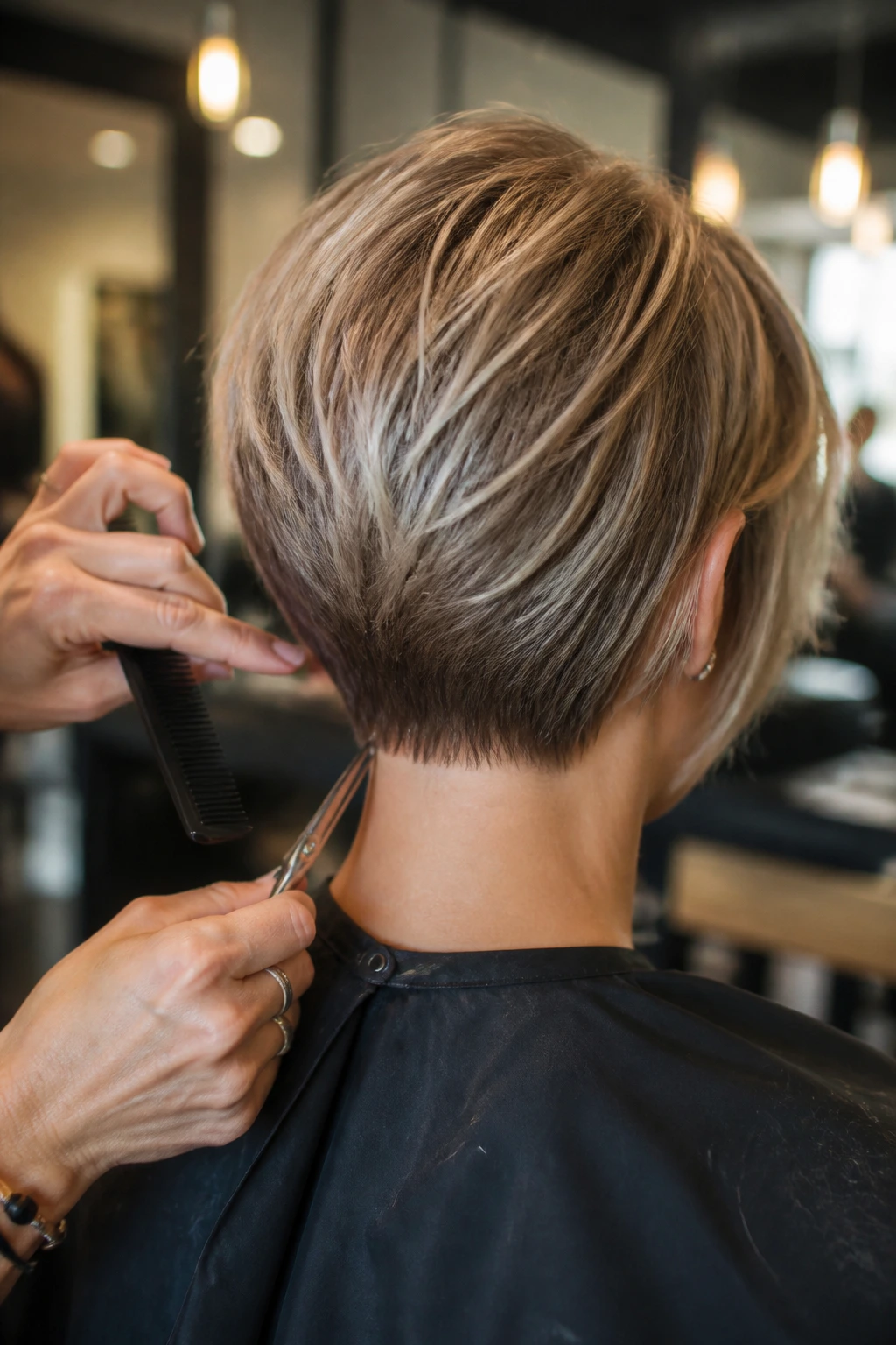 Real person getting a trim to maintain a stacked cut