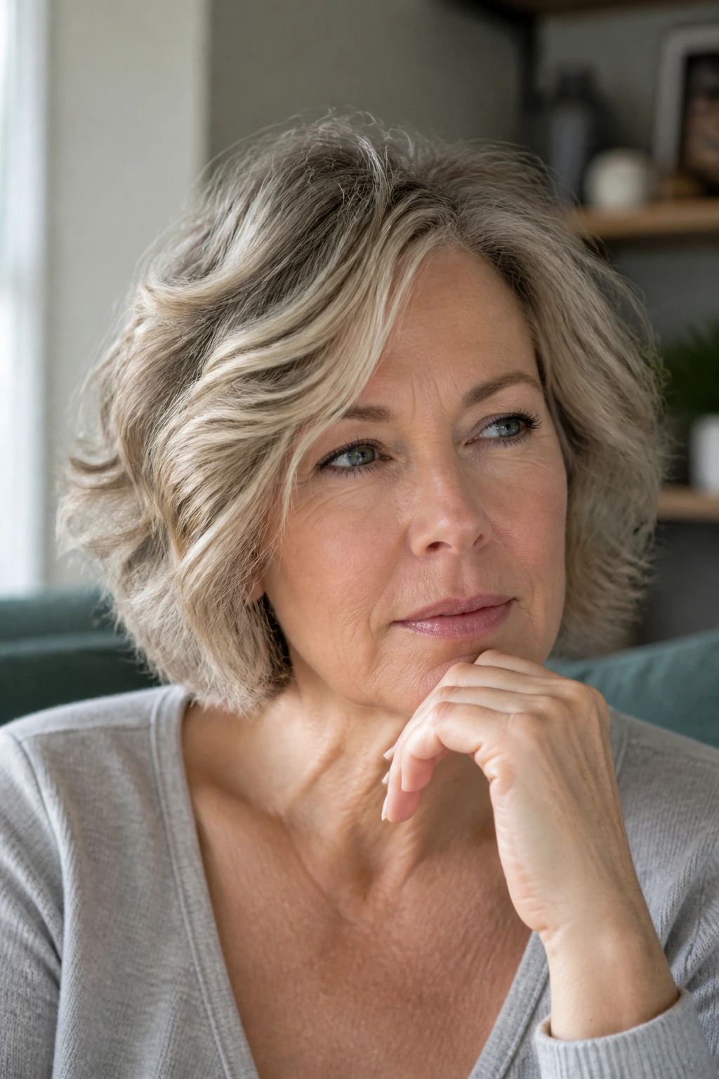 Thoughtful real woman with soft wavy bob in natural light