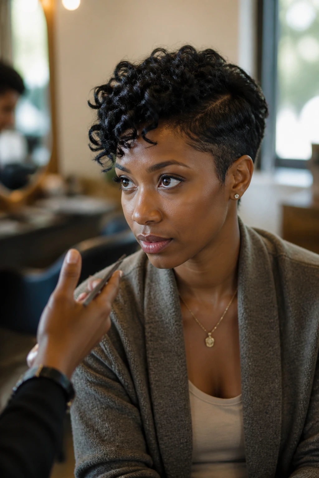 Thoughtful woman in salon during haircut consultation