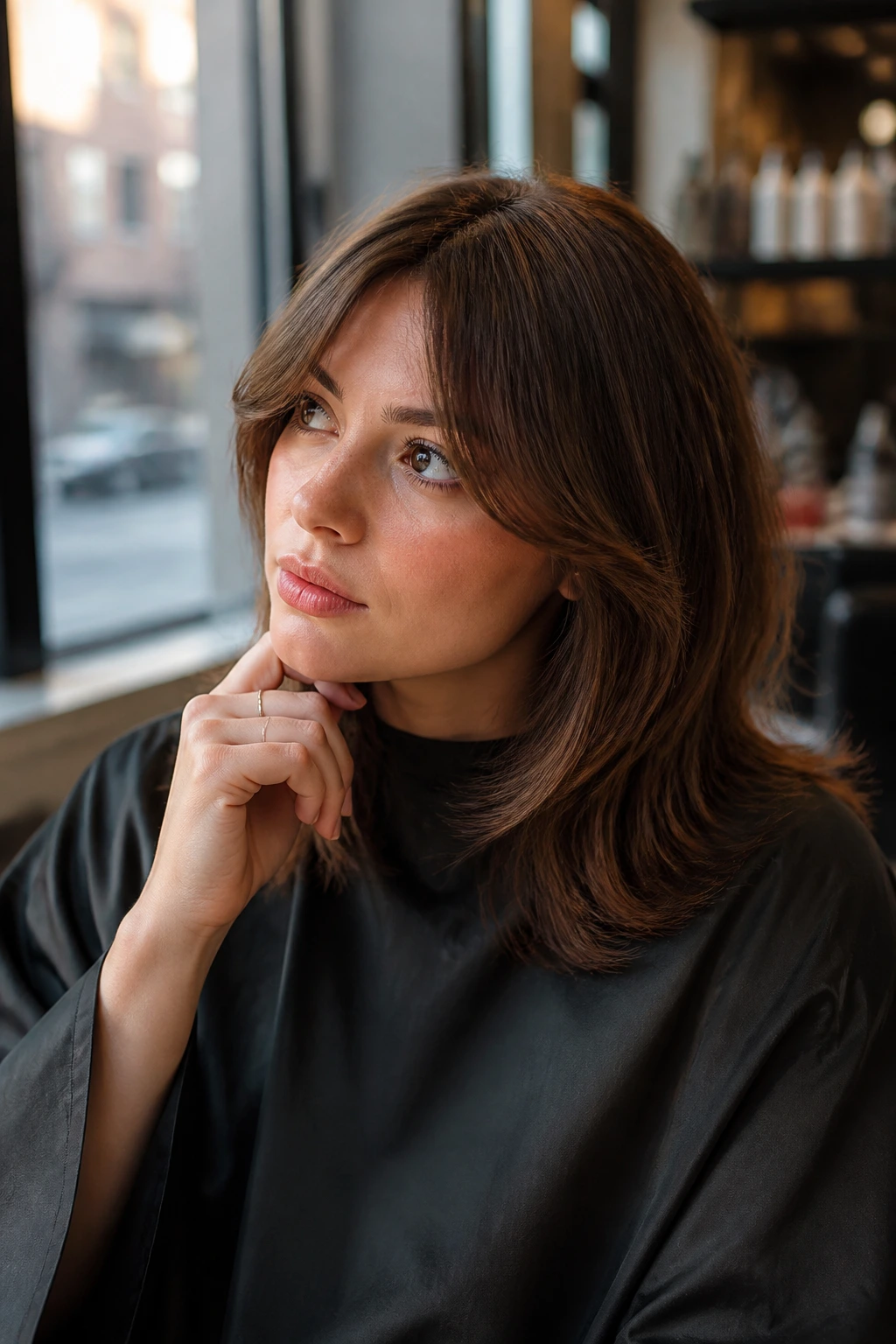 Close-up portrait of a real person in a salon, thoughtful before haircut, hair framing the face