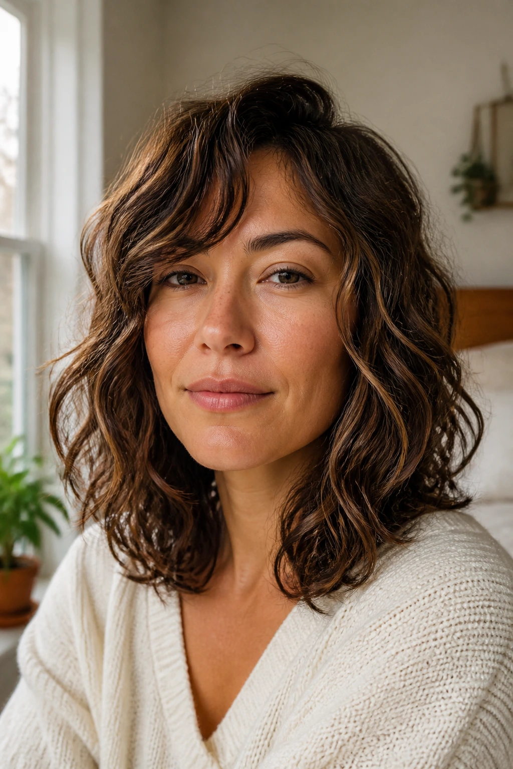 Close-up of a real woman with fine wavy hair showing the cut's shape.