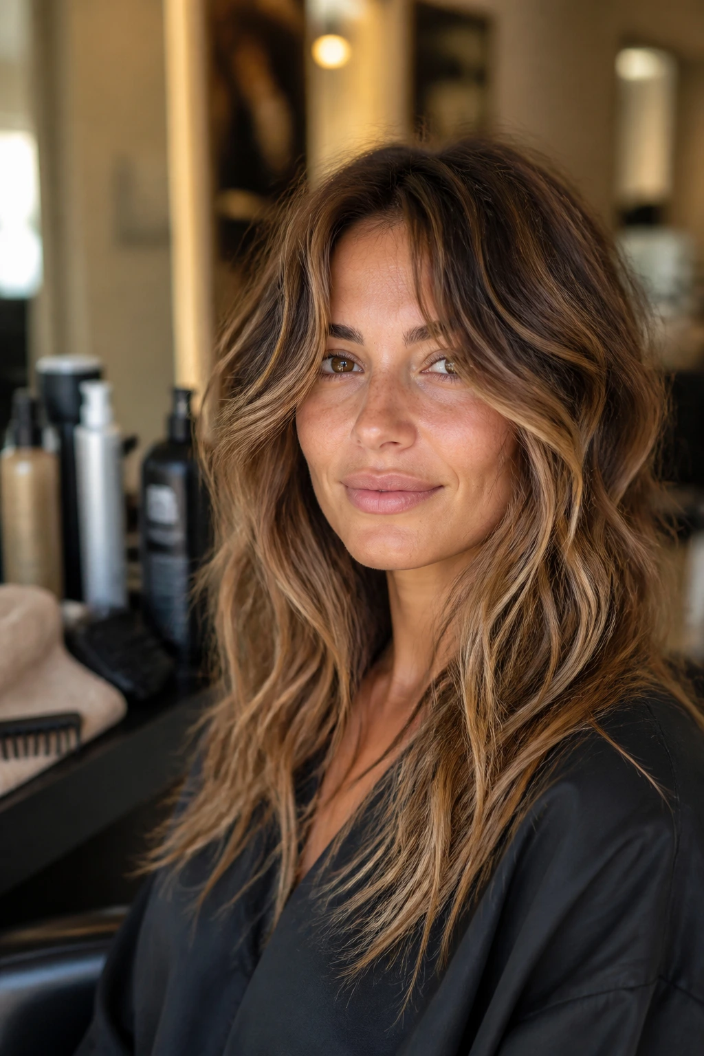 Portrait of a real woman with waves and face-framing layers in a salon, tools blurred in background