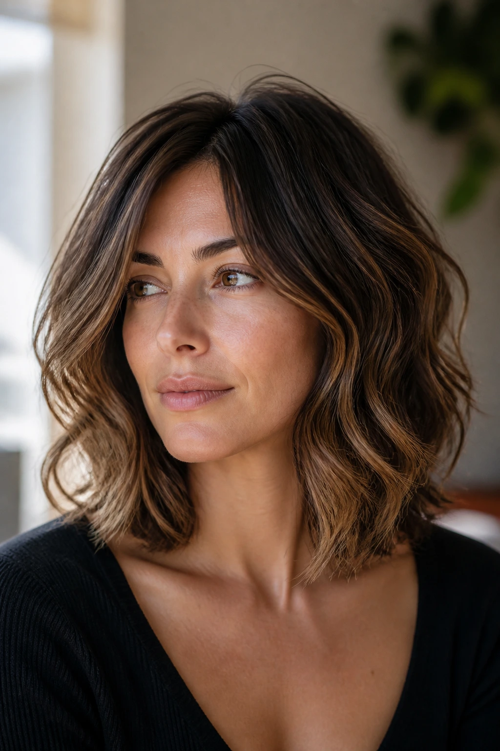 Close-up of a real person with a defined wavy layered haircut