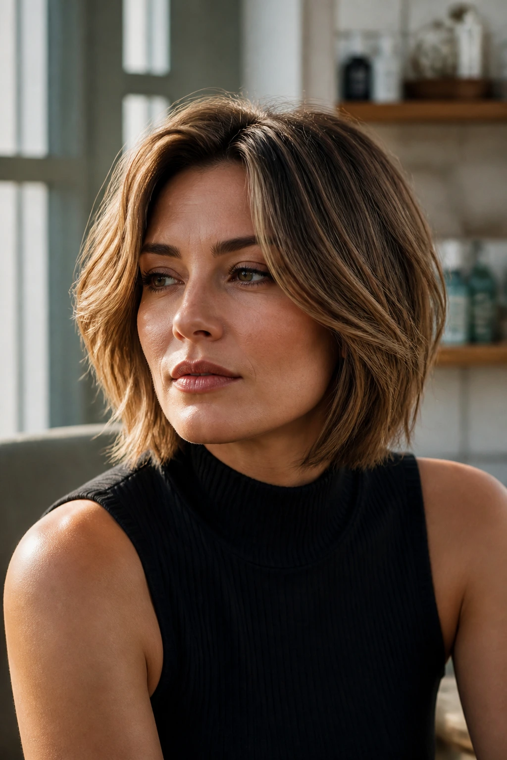 Close-up portrait of a real person considering haircut options for a square face with fine hair
