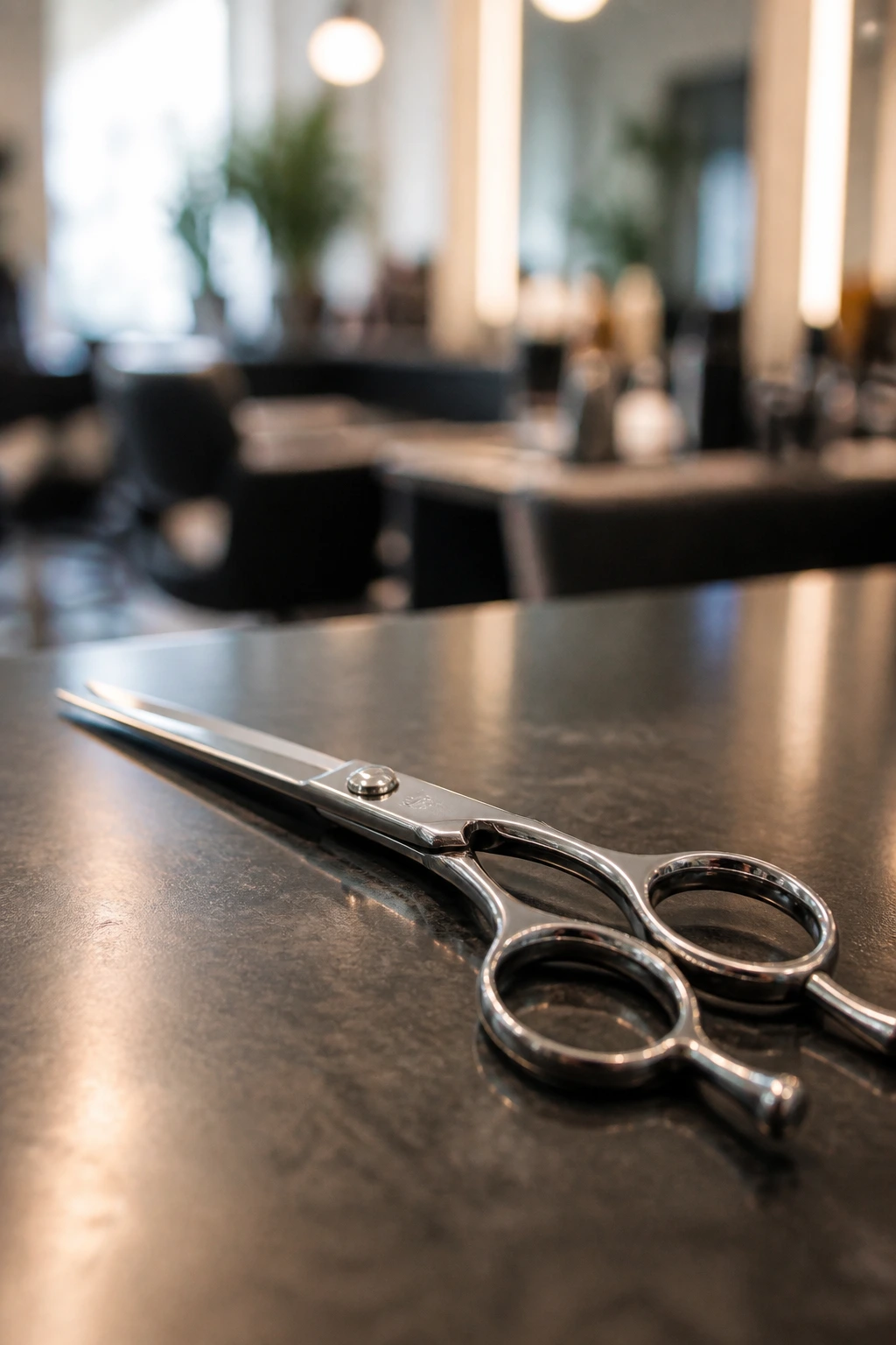 High-quality haircutting scissors on a salon counter with soft light