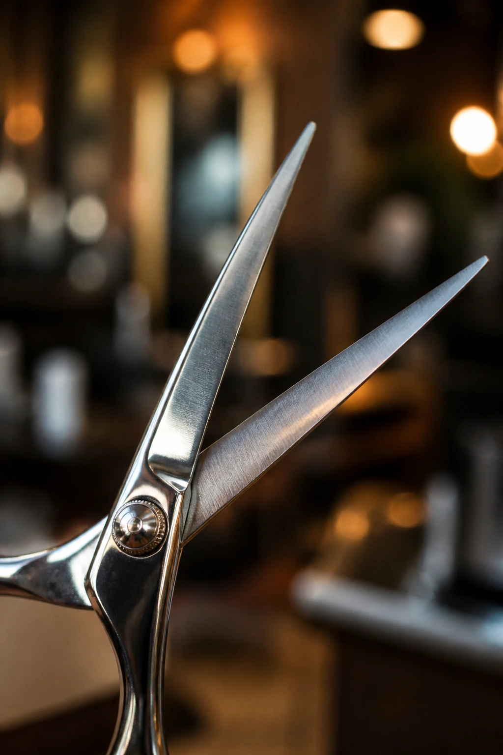 Close-up of a sharp haircutting shear dominating the frame in a salon