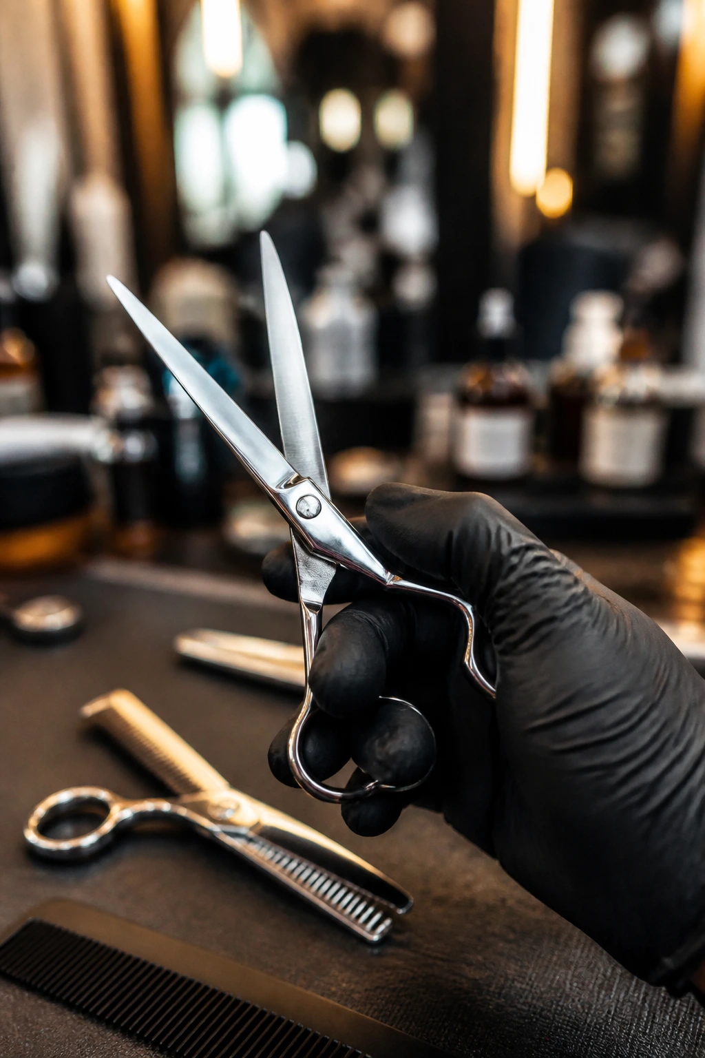 Close-up of haircutting tools in a gloved hand over a blurred salon station