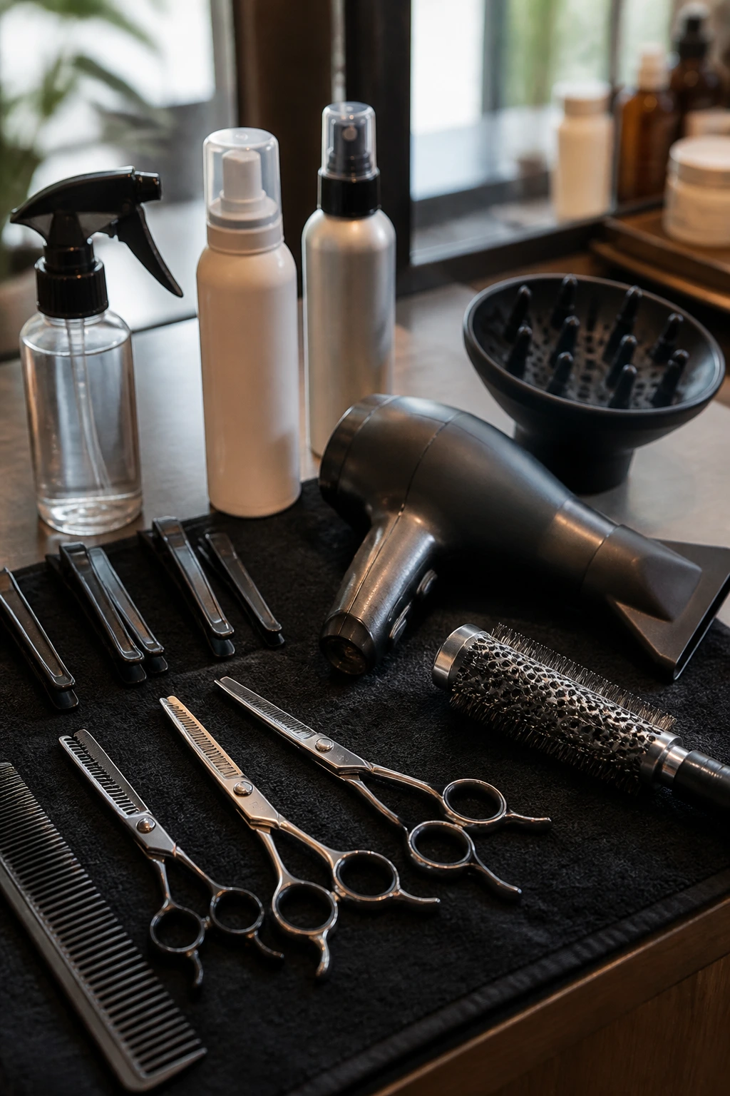 Close-up of haircutting tools arranged on a salon counter.
