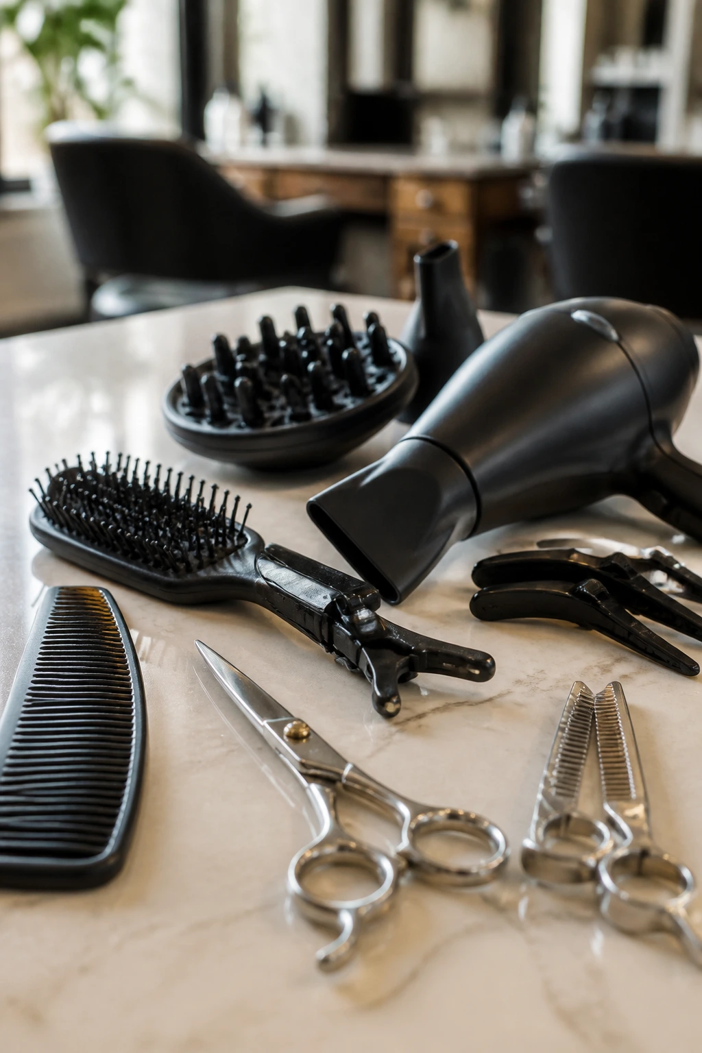 Close-up of professional hair cutting tools on a salon counter