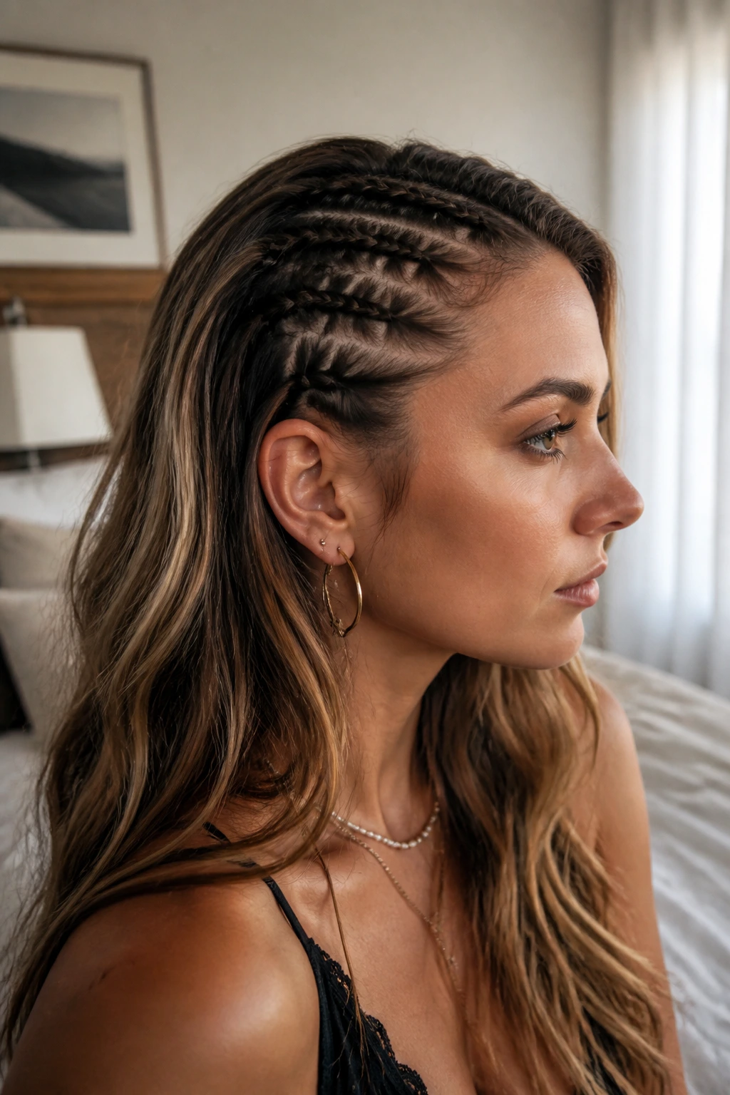 Close-up of a real woman with tiny hairline braids and loose length