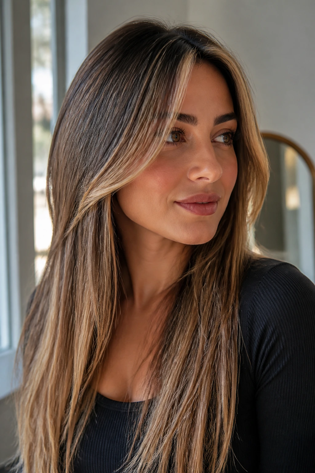 Portrait of a woman showing face-framing pieces and different front hair options.
